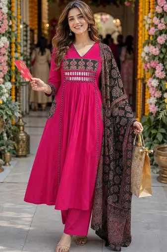 women ethnic motifs empire mirror work  cotton kurta with palazzos & with dupatta