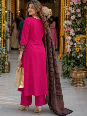 women ethnic motifs empire mirror work  cotton kurta with palazzos & with dupatta 2