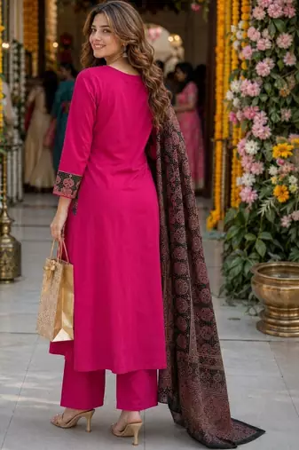 women ethnic motifs empire mirror work  cotton kurta with palazzos & with dupatta