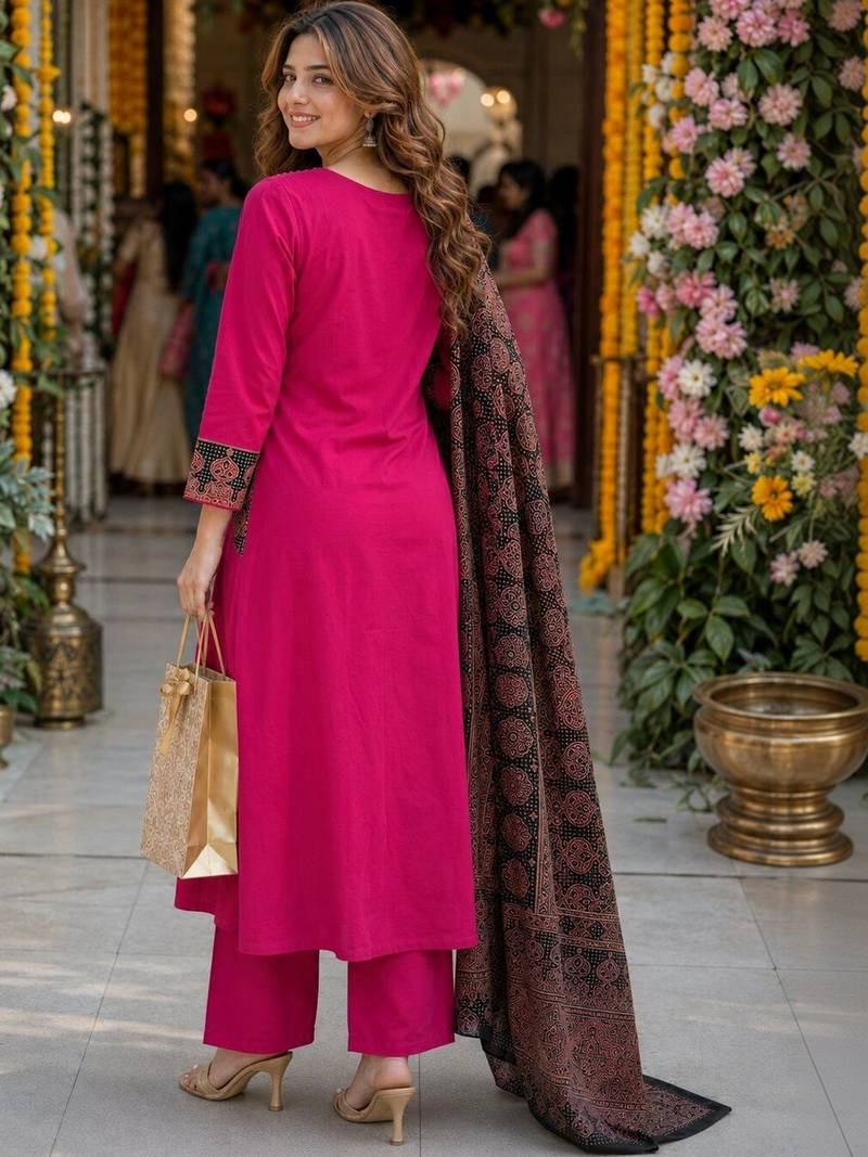 women ethnic motifs empire mirror work  cotton kurta with palazzos & with dupatta