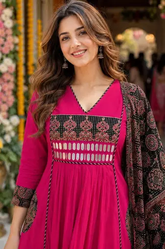 women ethnic motifs empire mirror work  cotton kurta with palazzos & with dupatta