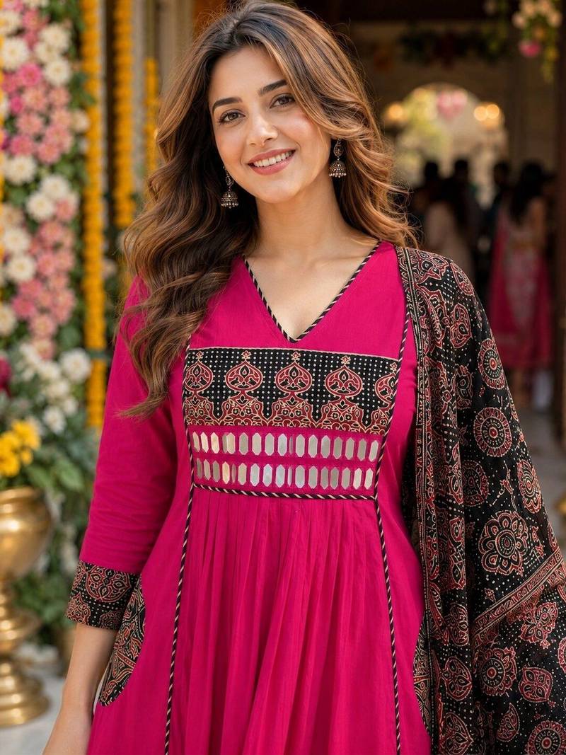 women ethnic motifs empire mirror work  cotton kurta with palazzos & with dupatta