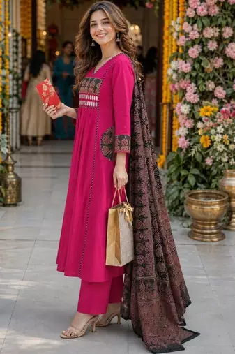 women ethnic motifs empire mirror work  cotton kurta with palazzos & with dupatta