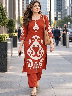 women ethnic motifs printed regular kurta with trousers 1