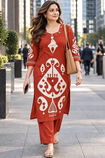 women ethnic motifs printed regular kurta with trousers