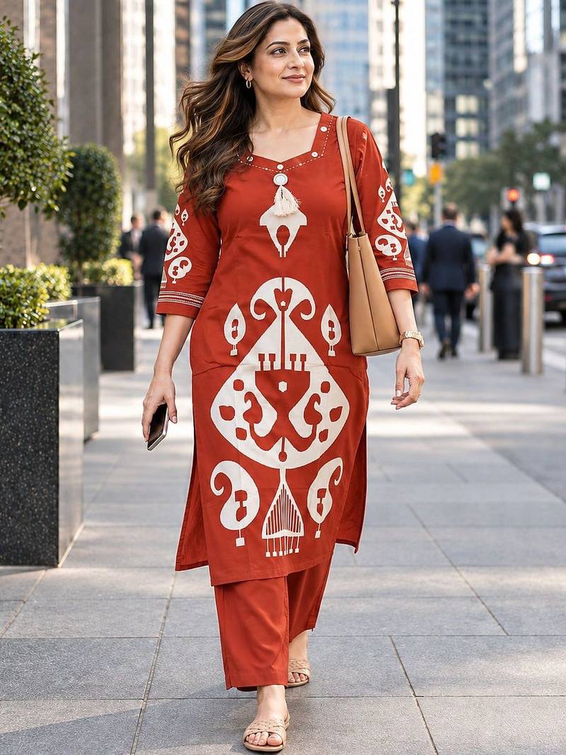 women ethnic motifs printed regular kurta with trousers