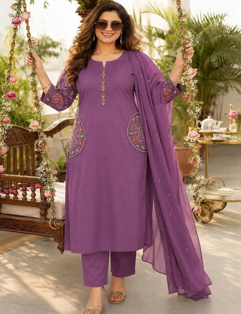 women ethnic motifs embroidered regular thread work  cotton kurta with trousers & with