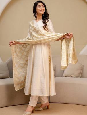 ethnic motifs printed angrakha  silk kurta with trousers & with dupatta 1