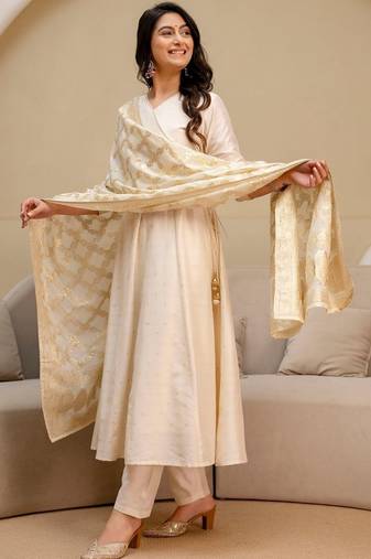 ethnic motifs printed angrakha  silk kurta with trousers & with dupatta