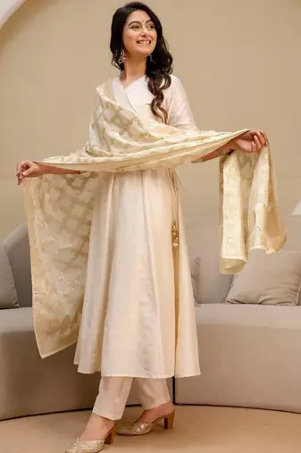 ethnic motifs printed angrakha  silk kurta with trousers & with dupatta