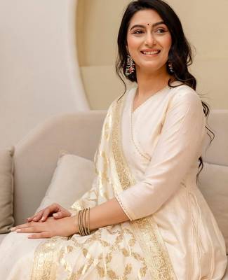 ethnic motifs printed angrakha  silk kurta with trousers & with dupatta 2