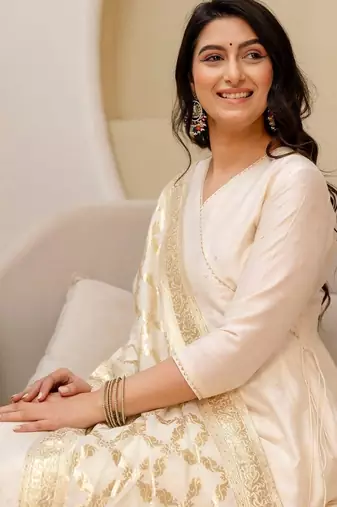 ethnic motifs printed angrakha  silk kurta with trousers & with dupatta