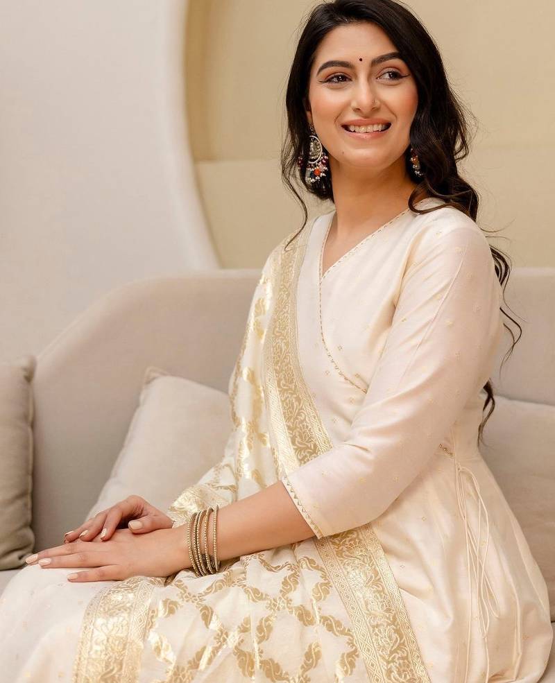ethnic motifs printed angrakha  silk kurta with trousers & with dupatta