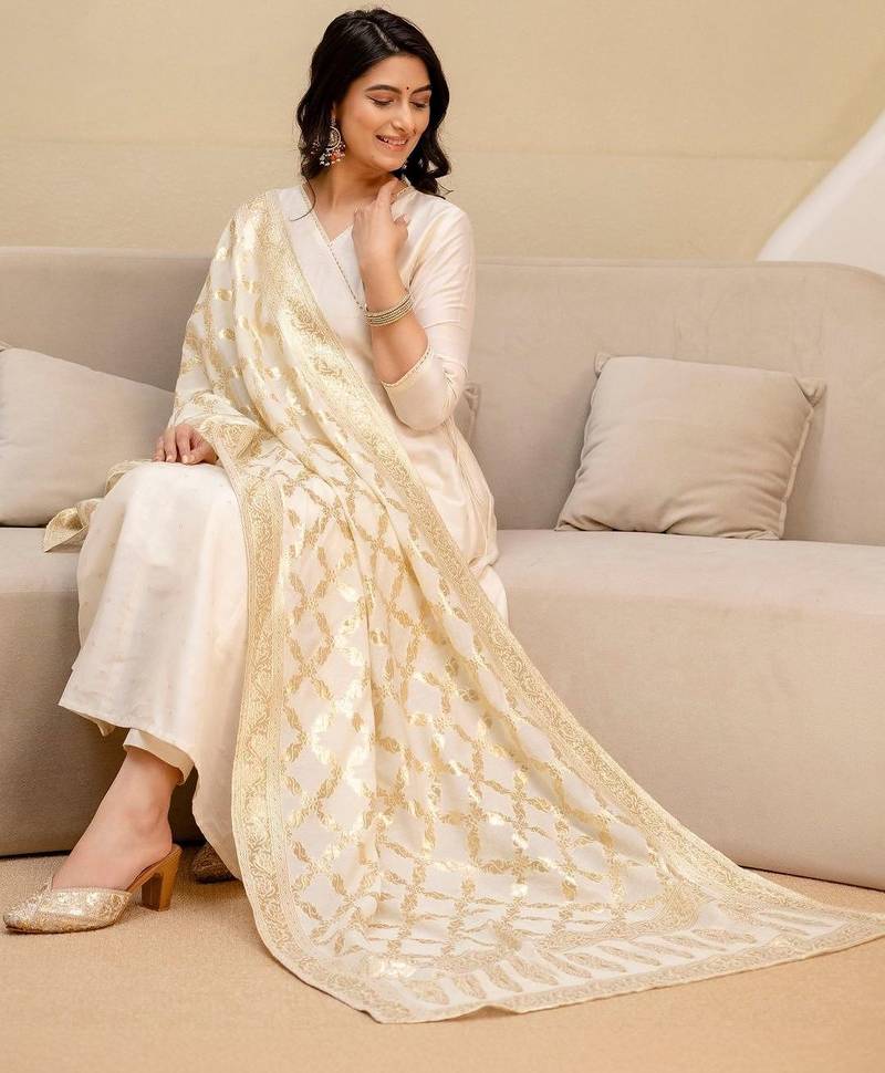 ethnic motifs printed angrakha  silk kurta with trousers & with dupatta