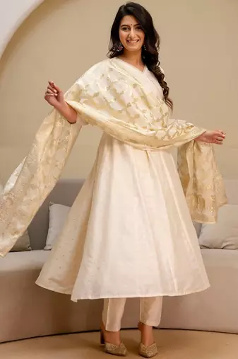 ethnic motifs printed angrakha  silk kurta with trousers & with dupatta