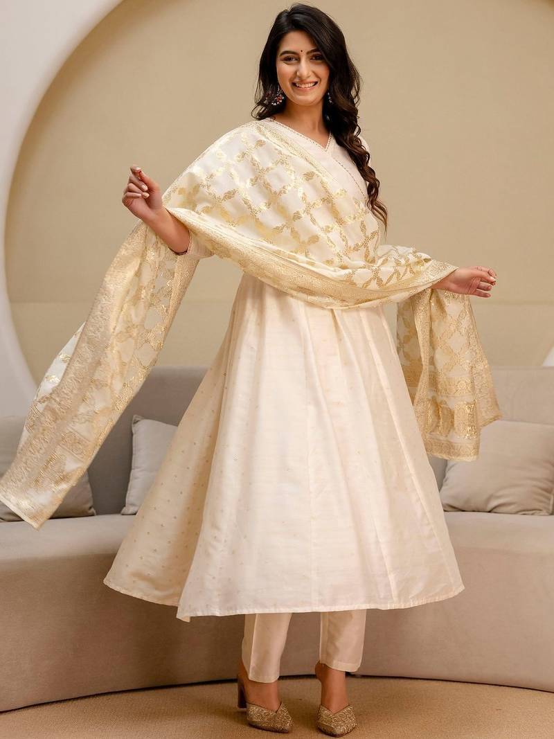ethnic motifs printed angrakha  silk kurta with trousers & with dupatta