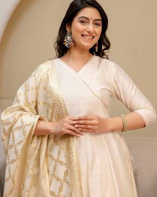 ethnic motifs printed angrakha  silk kurta with trousers & with dupatta 7