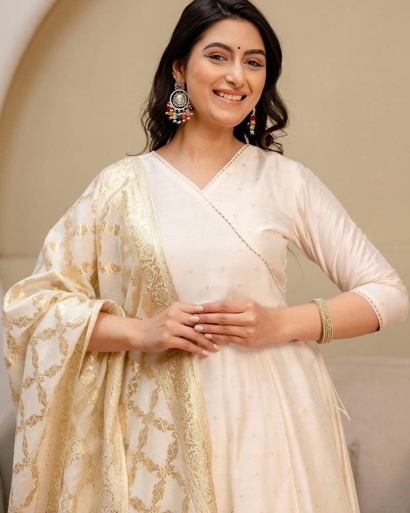 ethnic motifs printed angrakha  silk kurta with trousers & with dupatta