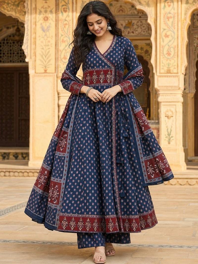 women ethnic motifs printed angrakha  cotton kurta with palazzos & with dupatta