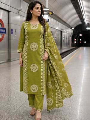 women ethnic motifs printed regular  cotton kurta with trousers & with dupatta 1
