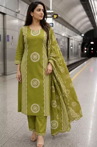 women ethnic motifs printed regular  cotton kurta with trousers & with dupatta