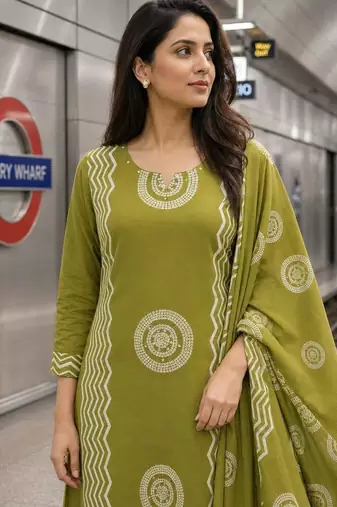 women ethnic motifs printed regular  cotton kurta with trousers & with dupatta