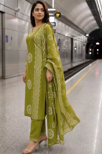 women ethnic motifs printed regular  cotton kurta with trousers & with dupatta