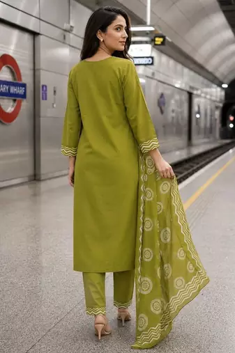 women ethnic motifs printed regular  cotton kurta with trousers & with dupatta