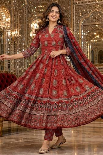 women ethnic motifs printed angrakha  cotton kurta with trousers & with dupatta