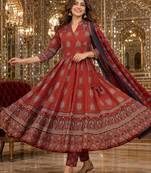 women ethnic motifs printed angrakha  cotton kurta with trousers & with dupatta