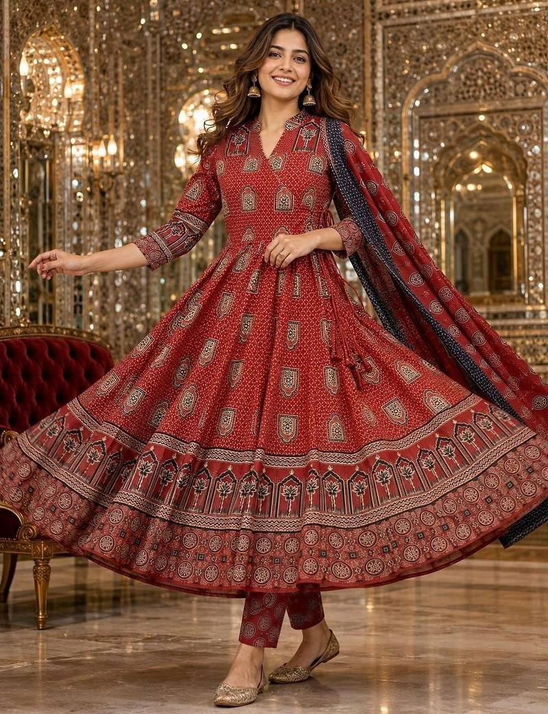 women ethnic motifs printed angrakha  cotton kurta with trousers & with dupatta