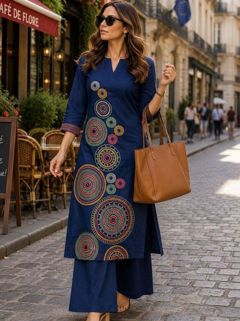 women embroidered regular thread work  cotton kurta with palazzos
