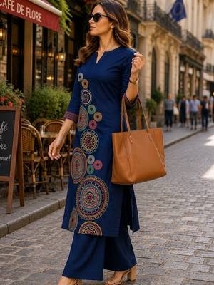women embroidered regular thread work  cotton kurta with palazzos 2