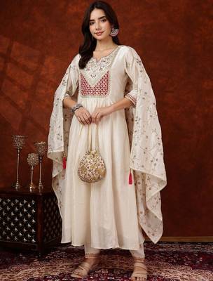 women ethnic motifs embroidered empire thread work  silk kurta with trousers & with dupatta 1