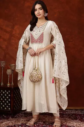 women ethnic motifs embroidered empire thread work  silk kurta with trousers & with dupatta