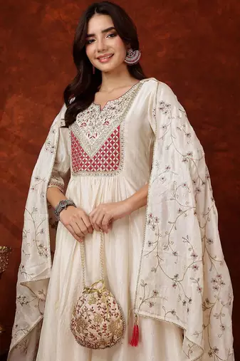 women ethnic motifs embroidered empire thread work  silk kurta with trousers & with dupatta