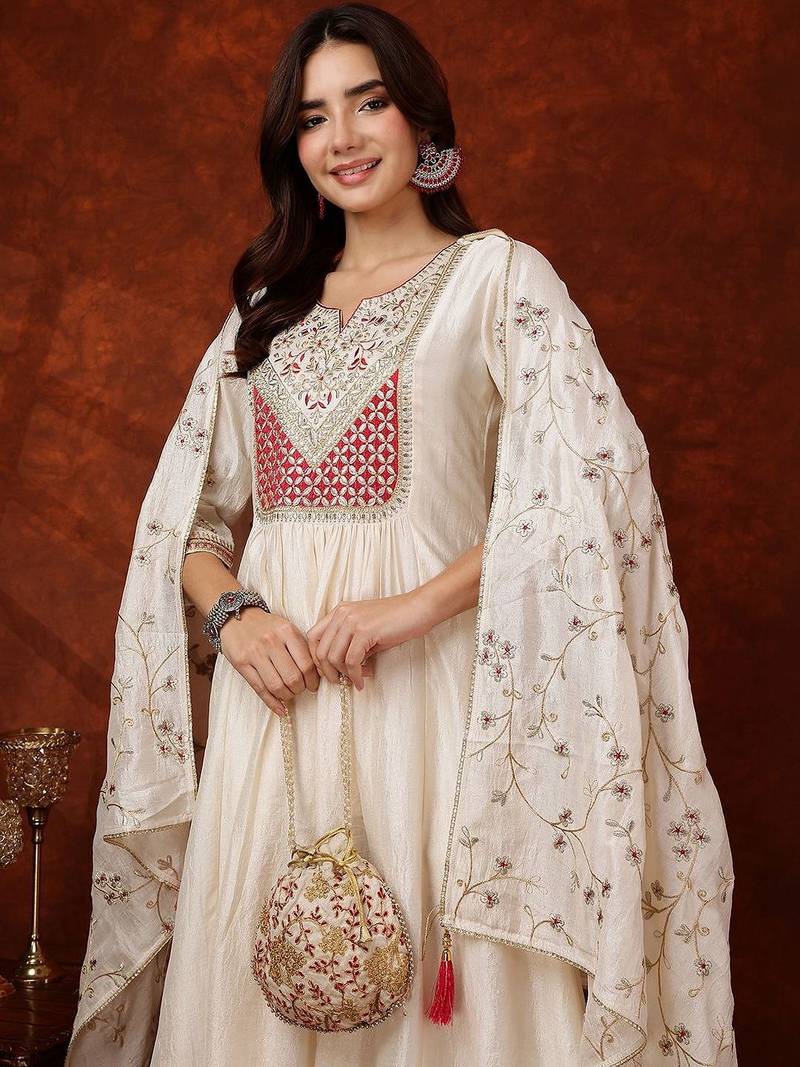 women ethnic motifs embroidered empire thread work  silk kurta with trousers & with dupatta