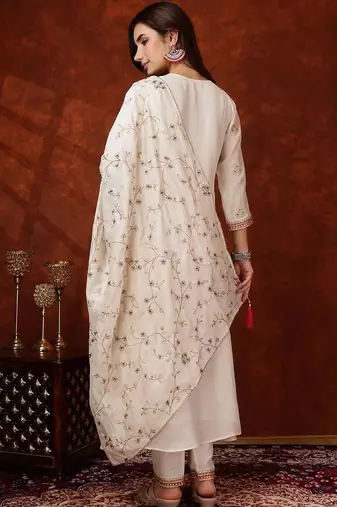 women ethnic motifs embroidered empire thread work  silk kurta with trousers & with dupatta