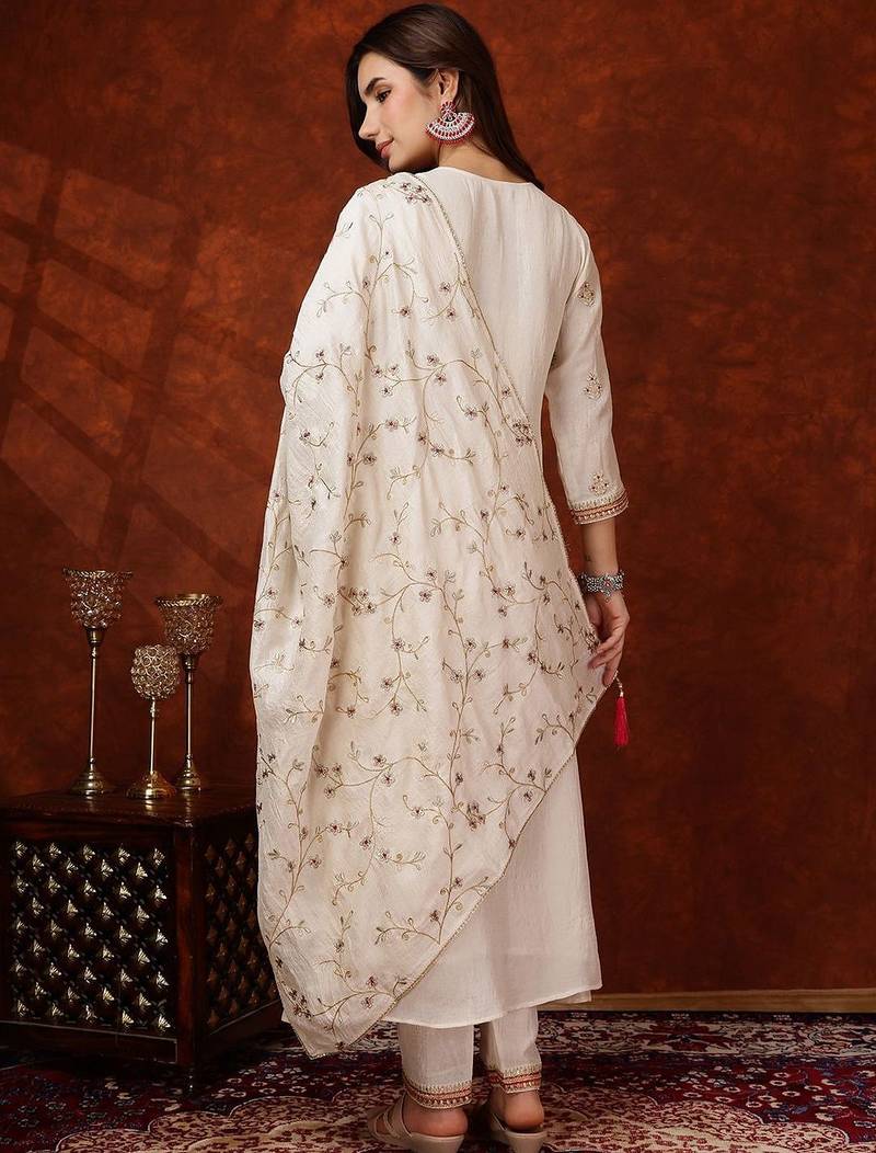women ethnic motifs embroidered empire thread work  silk kurta with trousers & with dupatta