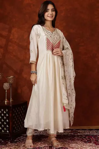 women ethnic motifs embroidered empire thread work  silk kurta with trousers & with dupatta