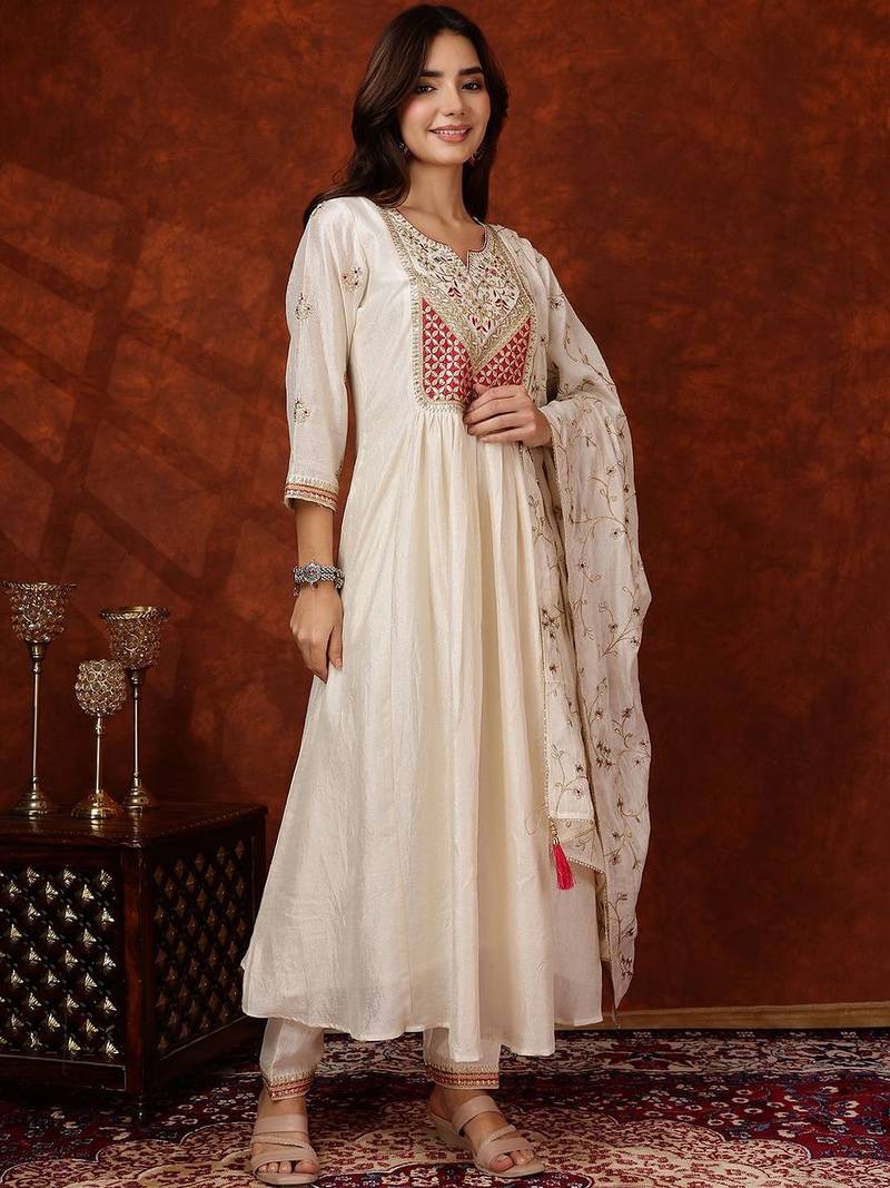 women ethnic motifs embroidered empire thread work  silk kurta with trousers & with dupatta