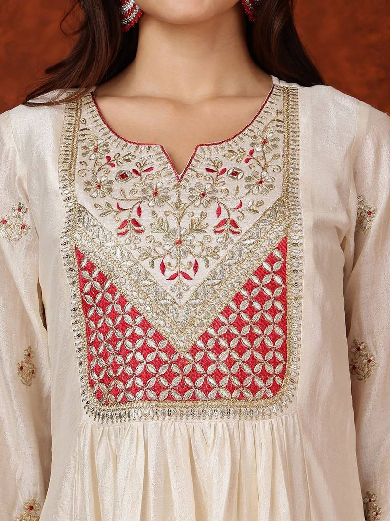 women ethnic motifs embroidered empire thread work  silk kurta with trousers & with dupatta