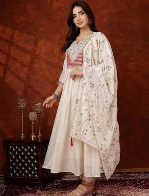 women ethnic motifs embroidered empire thread work  silk kurta with trousers & with dupatta 6