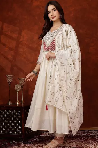 women ethnic motifs embroidered empire thread work  silk kurta with trousers & with dupatta