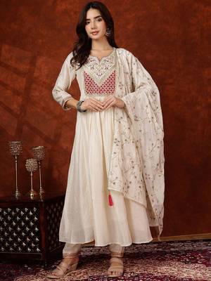 women ethnic motifs embroidered empire thread work  silk kurta with trousers & with dupatta 7