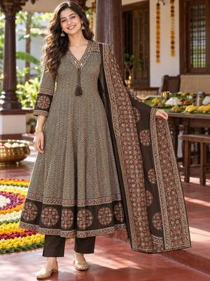 women ethnic motifs printed regular mirror work  cotton kurta with trousers & with dupatta 1