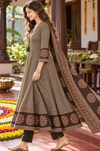 women ethnic motifs printed regular mirror work  cotton kurta with trousers & with dupatta