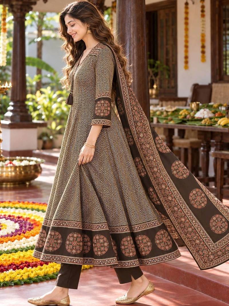 women ethnic motifs printed regular mirror work  cotton kurta with trousers & with dupatta