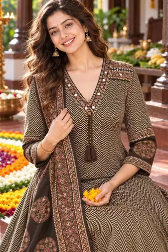 women ethnic motifs printed regular mirror work  cotton kurta with trousers & with dupatta