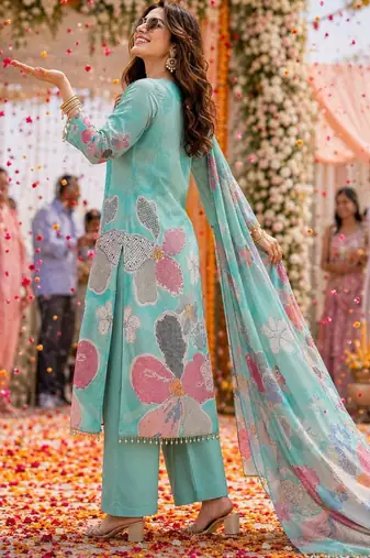 women floral printed regular thread work kurta with palazzos & with dupatta